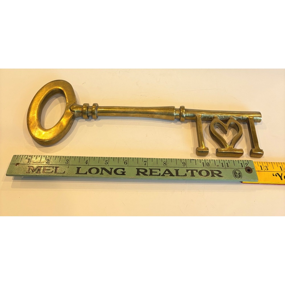 Vintage Large Solid Brass Skeleton Key Wall Decor 13" Key to my Heart Heavy - Picture 4 of 5